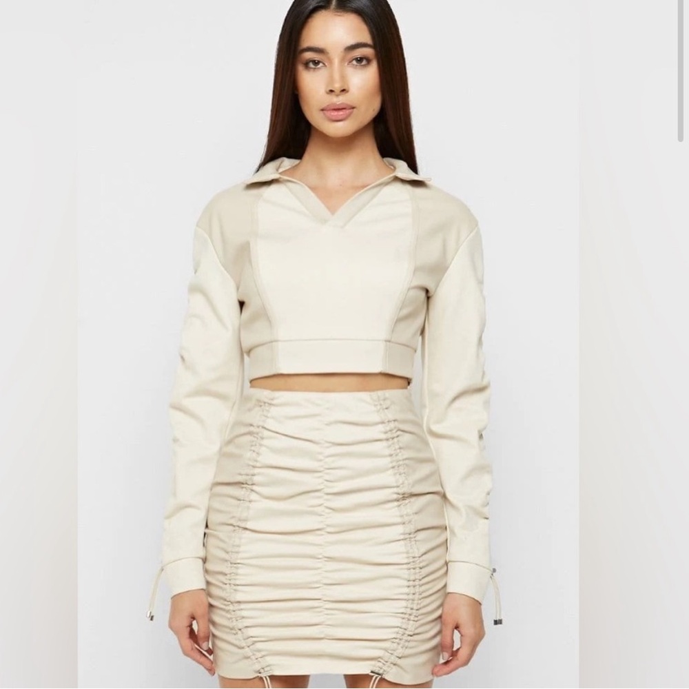 Two Tone Vegan Leather Cropped V- neck Polo Shirt